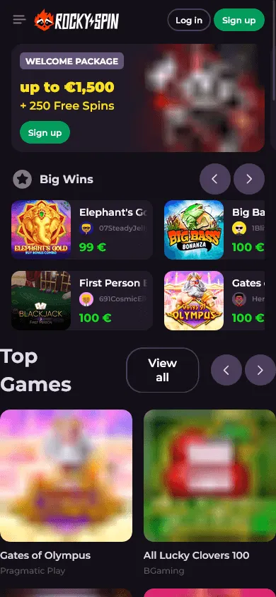 Rockyspin Casino home page on a mobile device