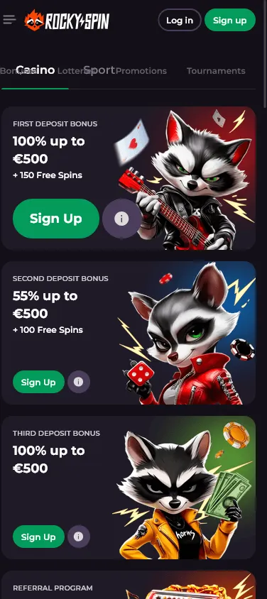 Rockyspin Casino promotions page on a mobile device