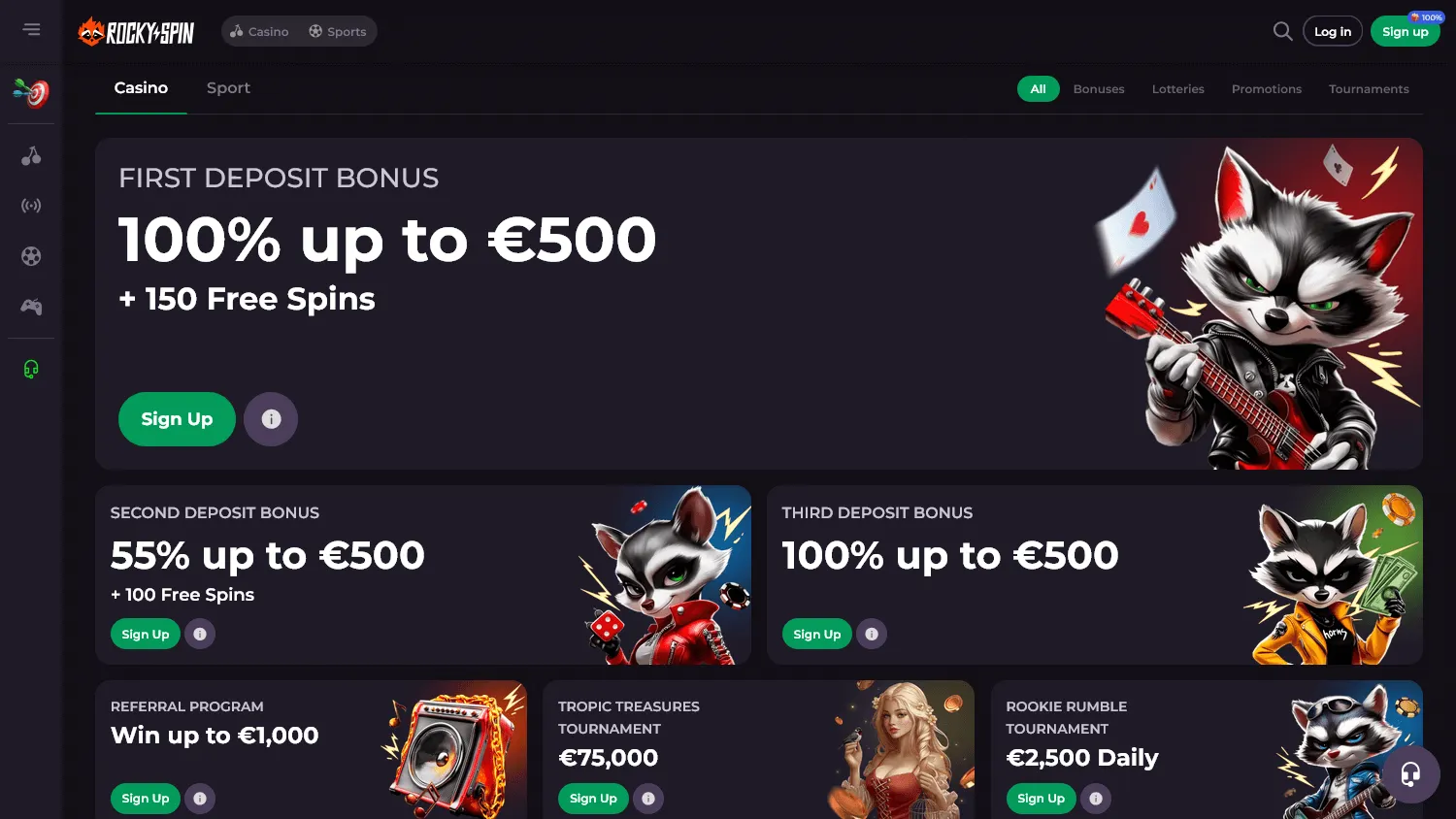 Rockyspin Casino promotions page on desktop